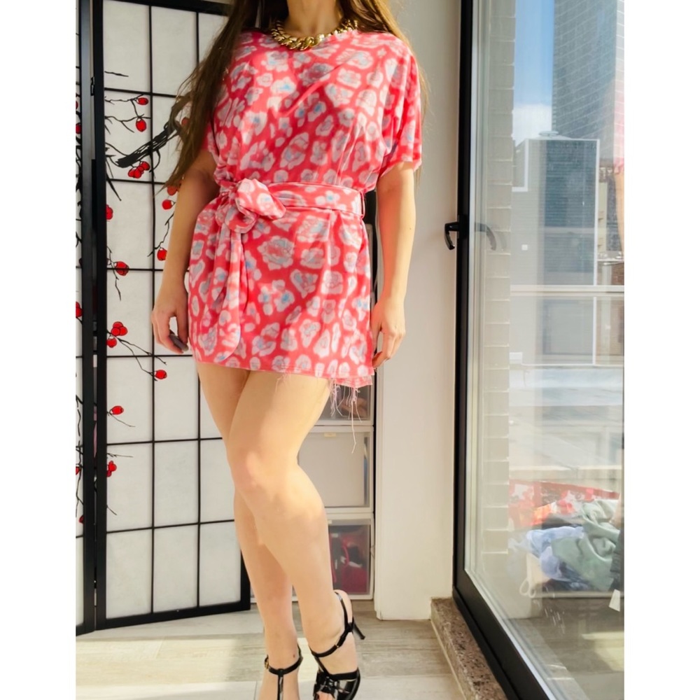 Baja East Drop Shoulder Jaguar Print Shift Belted Shirt Pull On Robe Dress